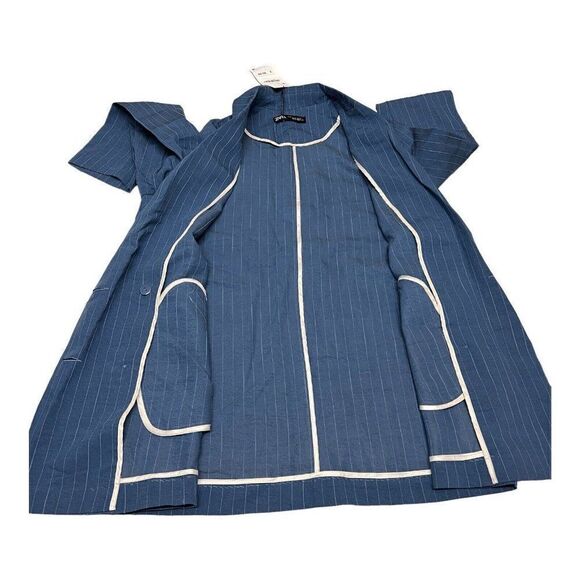 ZARA Blazer WMNS M Blue‎ Pinstripe Double-breasted Oversized Jacket Lapel Collar - Picture 6 of 13